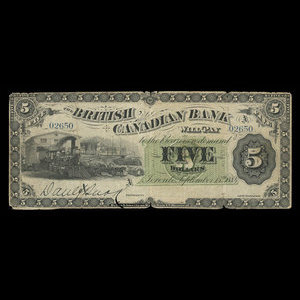 Canada, British Canadian Bank, 5 dollars : 15 septembre 1884