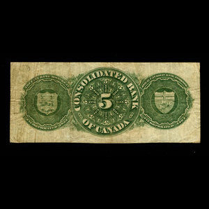 Canada, Consolidated Bank of Canada, 5 dollars : 1 juillet 1876