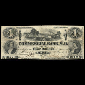 Canada, Commercial Bank of the Midland District, 4 dollars : 2 mai 1854