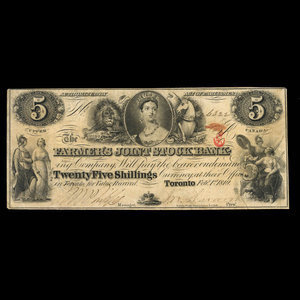 Canada, Farmer's Joint Stock Banking Co., 5 dollars : 1 février 1849