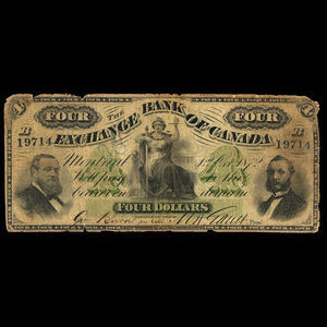 Canada, Exchange Bank of Canada, 4 dollars : 1 octobre 1872
