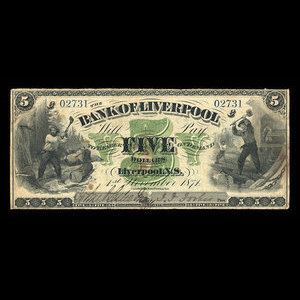 Canada, Bank of Liverpool, 5 dollars : 1 novembre 1871