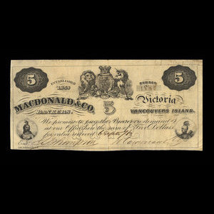 Canada, Macdonald & Company Bankers, 5 dollars : 6 septembre 1863