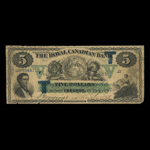 Canada, Royal Canadian Bank, 5 dollars : 26 juillet 1865
