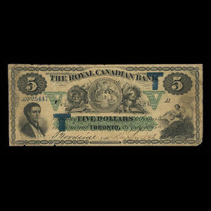Canada, Royal Canadian Bank, 5 dollars : 26 juillet 1865