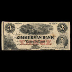 Canada, Zimmerman Bank, 3 dollars : décembre 1856