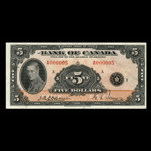 Canada, Banque du Canada, 5 dollars : 1935