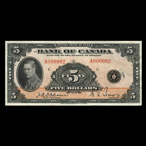 Canada, Banque du Canada, 5 dollars : 1935