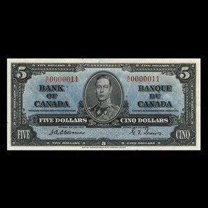 Canada, Banque du Canada, 5 dollars : 2 janvier 1937
