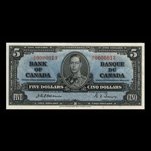 Canada, Banque du Canada, 5 dollars : 2 janvier 1937