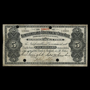 Canada, Terre-Neuve - Département des travaux publics, 5 dollars : 1907