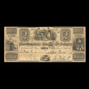 Canada, Mechanics Bank of St. John's, 2 piastres : 29 novembre 1837