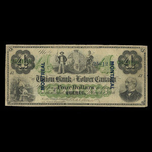 Canada, Union Bank of Lower Canada, 4 dollars : 1 mars 1866