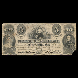 Canada, Commercial Bank of the Midland District, 5 dollars : juillet 1854