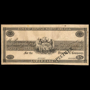 Canada, Bank of British North America, 9 dollars : 1838