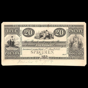 Canada, Bank of British North America, 20 dollars : 1 janvier 1855