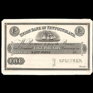 Canada, Union Bank of Newfoundland, 5 livres(anglaise) : 1864