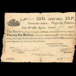 Canada, Army Bill Office, 25 dollars : 17 avril 1813
