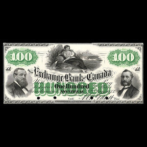Canada, Exchange Bank of Canada, 100 dollars : 2 janvier 1873