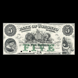 Canada, Bank of Toronto (The), 5 dollars : 1 juillet 1880