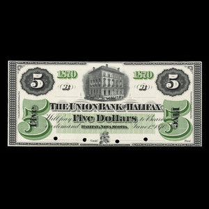 Canada, Union Bank of Halifax, 5 dollars : 1 juin 1870