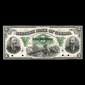 Canada, Western Bank of Canada, 5 dollars : 2 octobre 1882