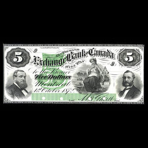 Canada, Exchange Bank of Canada, 5 dollars : 1 octobre 1872