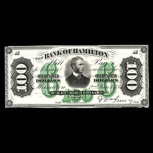 Canada, Bank of Hamilton, 100 dollars : 2 janvier 1873