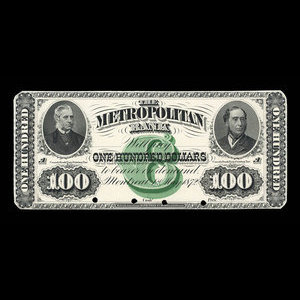 Canada, Metropolitan Bank, 100 dollars : 1 mai 1872