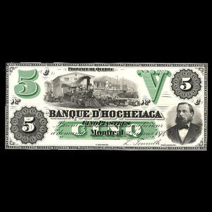 Canada, Banque d'Hochelaga, 5 piastres : 2 janvier 1874