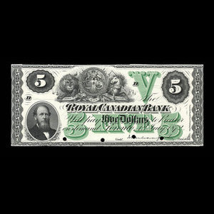 Canada, Royal Canadian Bank, 5 dollars : 1 juillet 1872