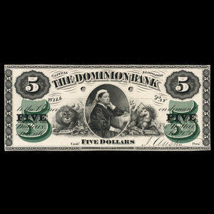 Canada, Dominion Bank, 5 dollars : 1 février 1871