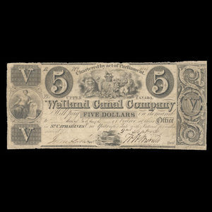Canada, Welland Canal Company, 5 dollars : 2 septembre 1836