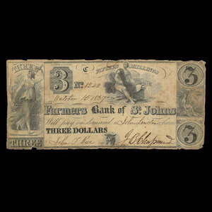 Canada, Farmers Bank of St. Johns, 3 dollars : 15 octobre 1837