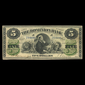 Canada, Dominion Bank, 5 dollars : 1 février 1871