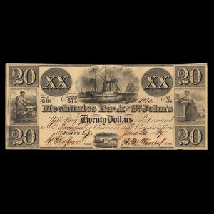 Canada, Mechanics Bank of St. John's, 20 dollars : 20 juin 1837