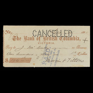 Canada, Bank of British Columbia, 136 dollars, 76 cents : 28 septembre 1885