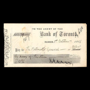 Canada, Bank of Toronto (The), 13 dollars, 42 cents : 1 octobre 1866