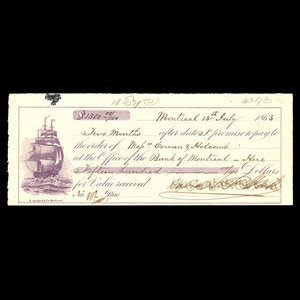 Canada, Banque de Montréal, 1,500 dollars : 15 juillet 1863