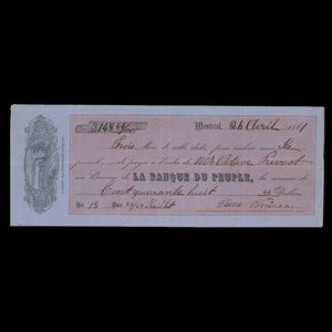 Canada, Banque du Peuple (People's Bank), 148 dollars, 44 cents : 26 avril 1861