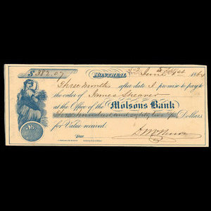 Canada, Molsons Bank, 382 dollars, 7 cents : 1 juin 1864