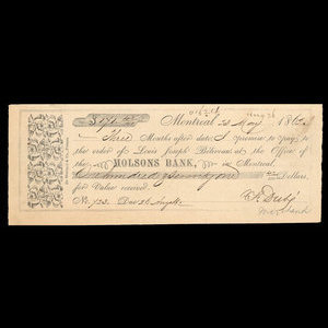 Canada, Molsons Bank, 171 dollars, 42 cents : 23 mai 1862