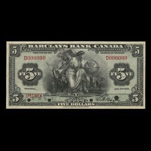 Canada, Barclays Bank, 5 dollars : 2 janvier 1935