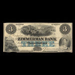 Canada, Zimmerman Bank, 3 dollars <br /> décembre 1856