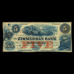 Canada, Zimmerman Bank, 5 dollars <br /> 7 juin 1856
