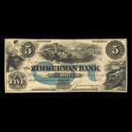 Canada, Zimmerman Bank, 5 dollars <br /> décembre 1856