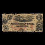 Canada, Zimmerman Bank, 5 dollars <br /> 10 août 1856