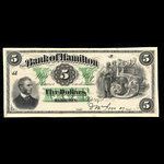 Canada, Bank of Hamilton, 5 dollars <br /> 2 septembre 1872