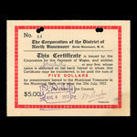 Canada, Corporation of the District of North Vancouver, 5 dollars <br /> 31 juillet 1913