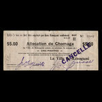 Canada, Ville de Kénogami, 5 dollars <br /> 9 février 1937